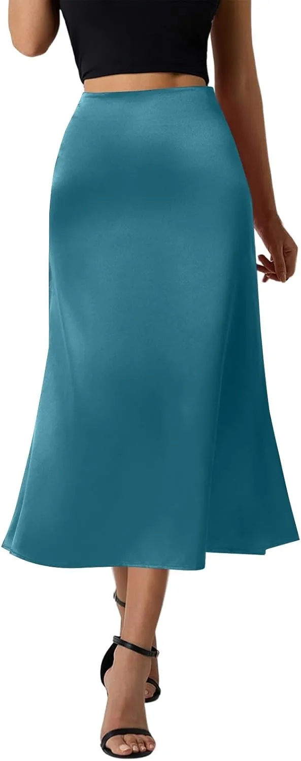 Women Summer Spring High Waist Satin Skirt Party Wedding Flowy Elegant A-Line Midi Skirts 2025, S-2XL