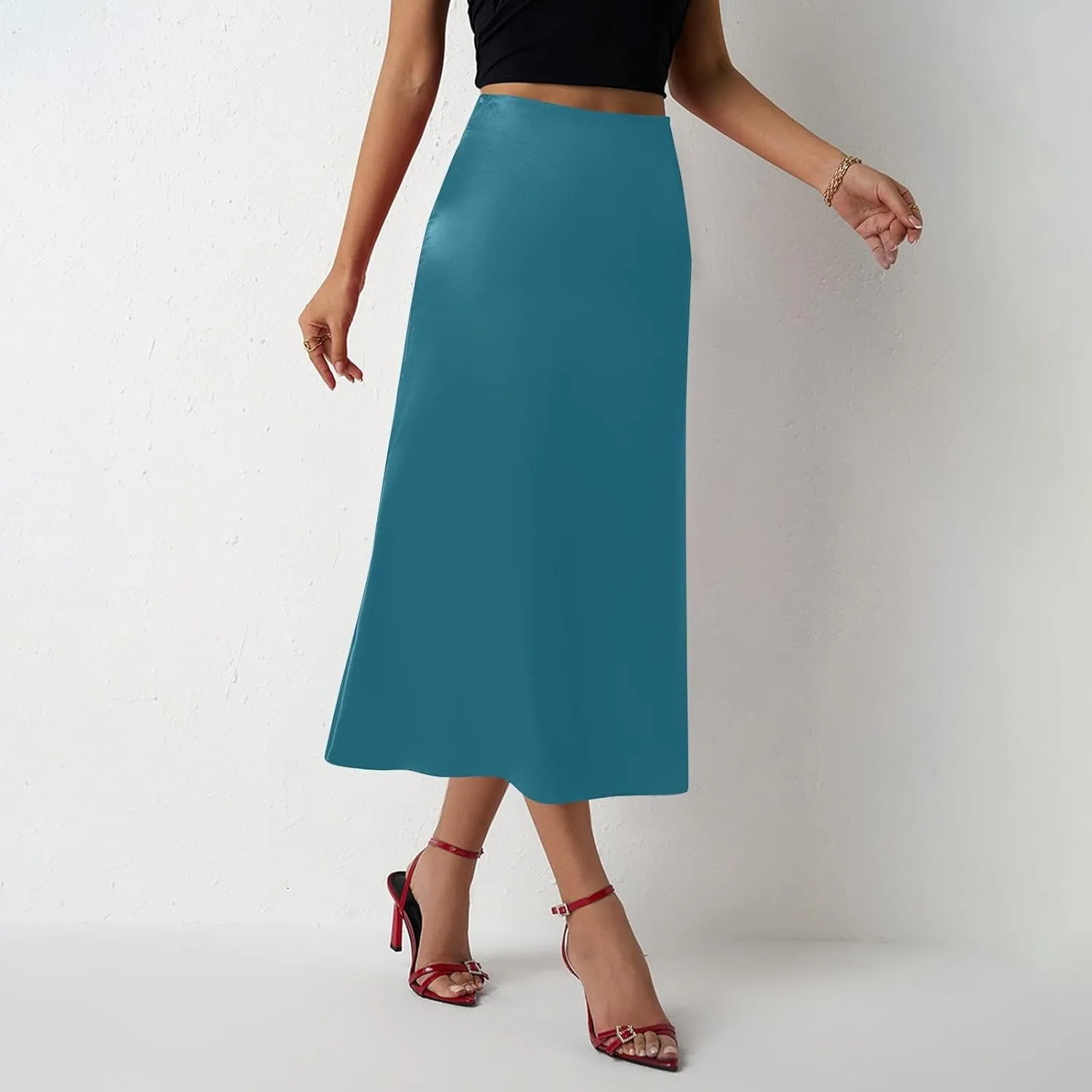 Women Summer Spring High Waist Satin Skirt Party Wedding Flowy Elegant A-Line Midi Skirts 2025, S-2XL