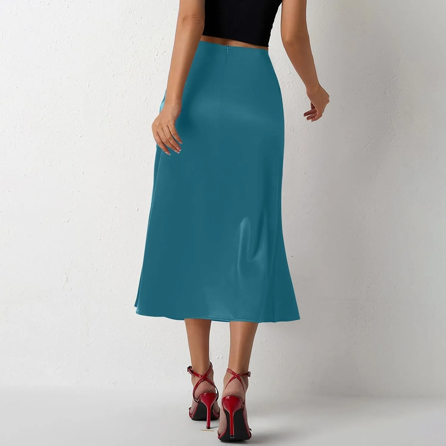 Women Summer Spring High Waist Satin Skirt Party Wedding Flowy Elegant A-Line Midi Skirts 2025, S-2XL