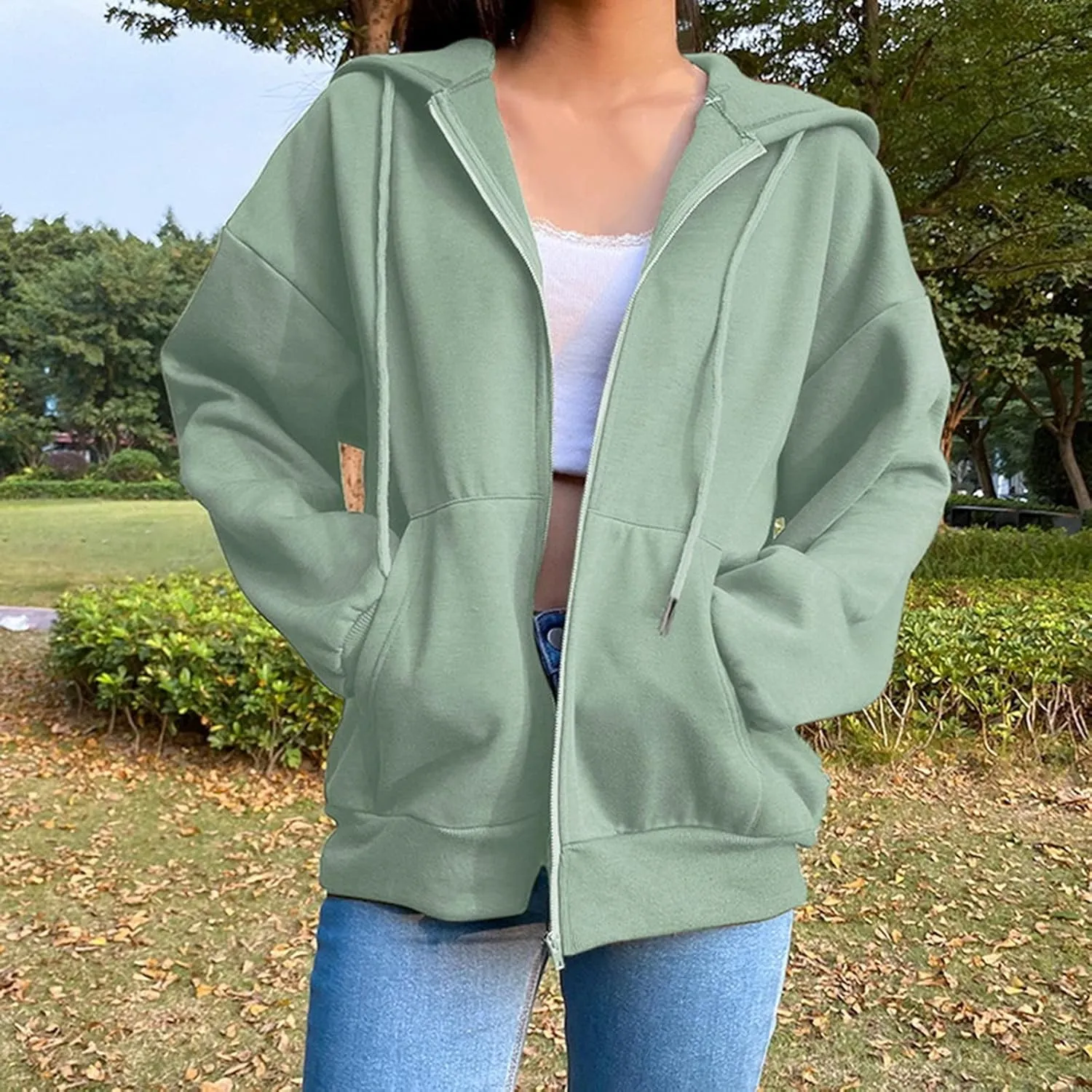 Women Zip Up Y2K Hoodie Fall Oversized Sweatshirts Casual Drawstring Hooded Pockets Jacket 2024 Long Sleeve Clothes