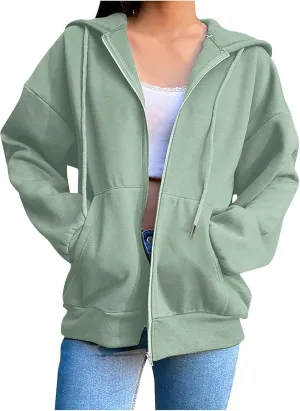 Women Zip Up Y2K Hoodie Fall Oversized Sweatshirts Casual Drawstring Hooded Pockets Jacket 2024 Long Sleeve Clothes
