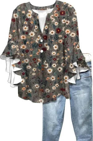 Womens 3/4 Length Sleeves Floral Shirts Flowy Ruffle Sleeve Tops Half Button Down Shirt Summer V Neck Blouse