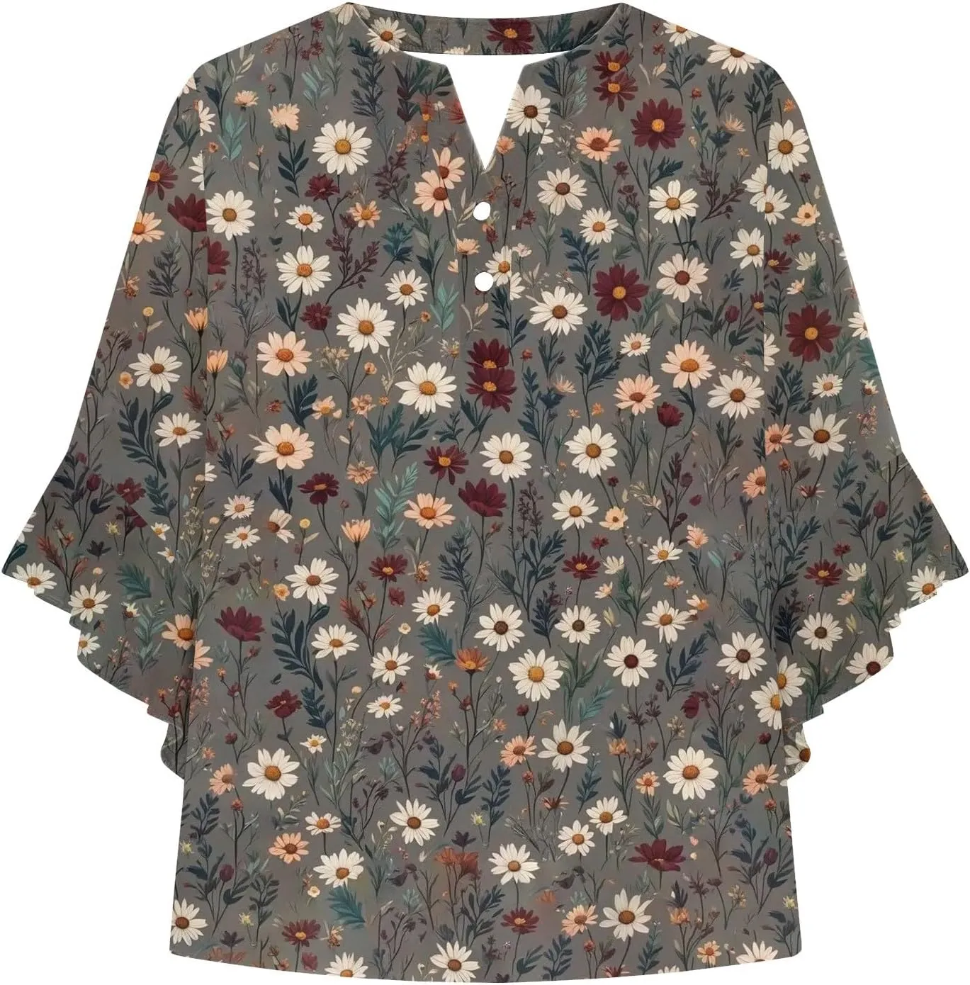 Womens 3/4 Length Sleeves Floral Shirts Flowy Ruffle Sleeve Tops Half Button Down Shirt Summer V Neck Blouse