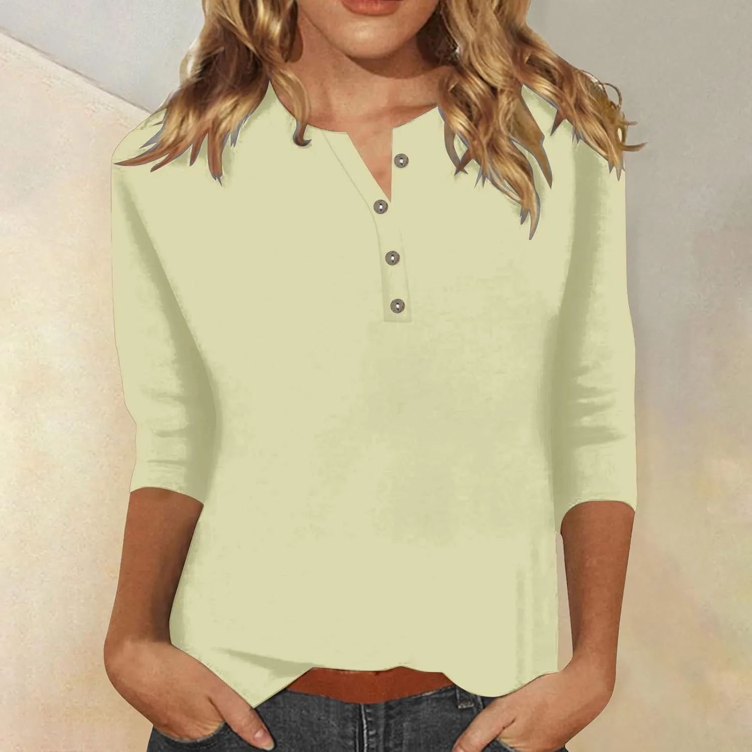Womens 3/4 Sleeve Button Down V Neck T-Shirts Summer 2024 Loose Cute Tunic Tee Blouses Casual Pullover Basic Tops