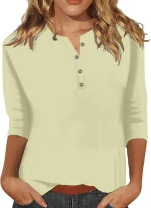 Womens 3/4 Sleeve Button Down V Neck T-Shirts Summer 2024 Loose Cute Tunic Tee Blouses Casual Pullover Basic Tops