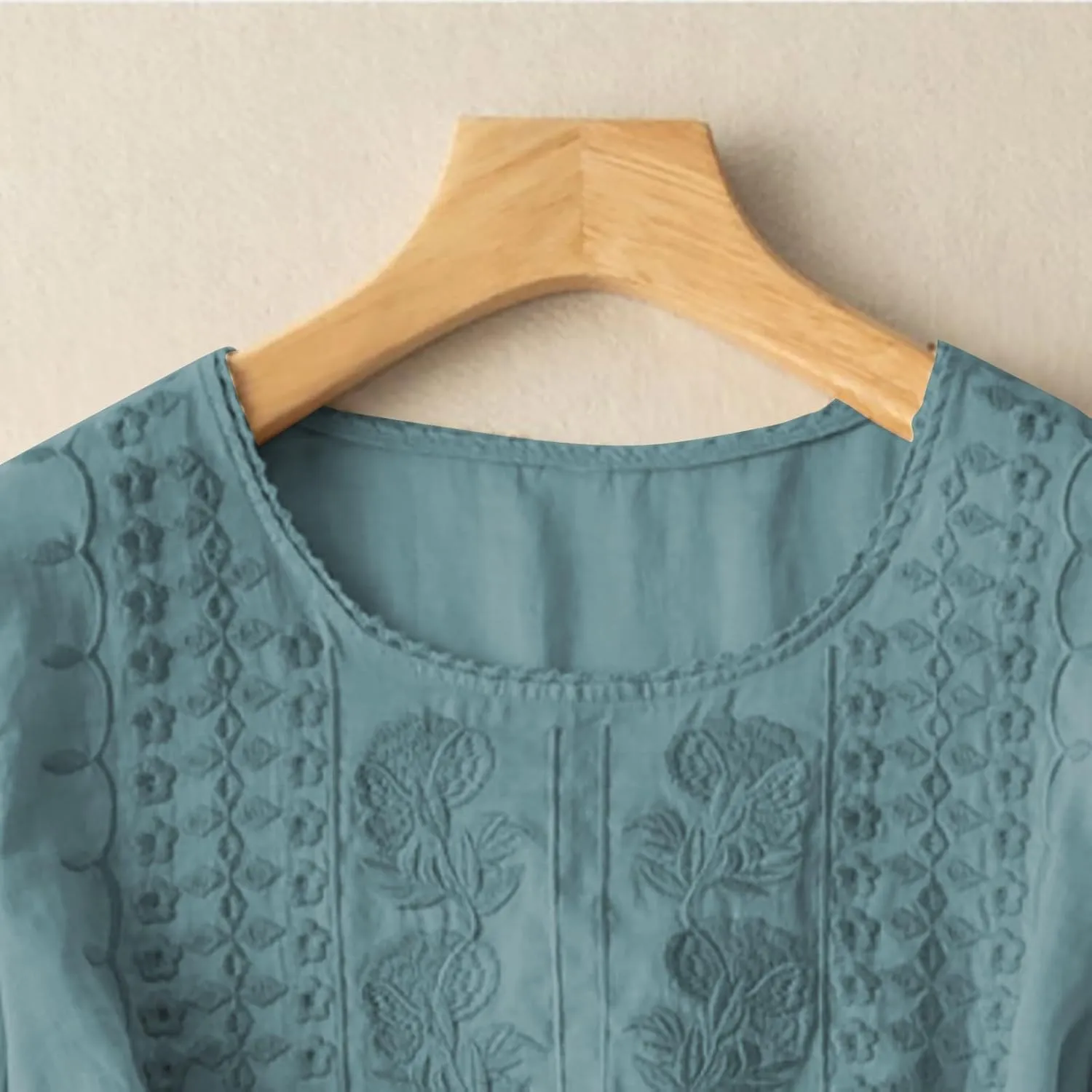 Women's 3/4 Sleeve Cotton Linen Jacquard Blouses Top T-Shirt 2025 Loose Fit Crew Neck Floral Embroidery Ruched Shirt