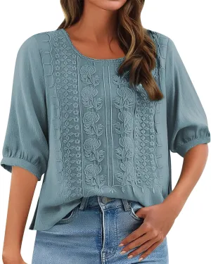 Women's 3/4 Sleeve Cotton Linen Jacquard Blouses Top T-Shirt 2025 Loose Fit Crew Neck Floral Embroidery Ruched Shirt