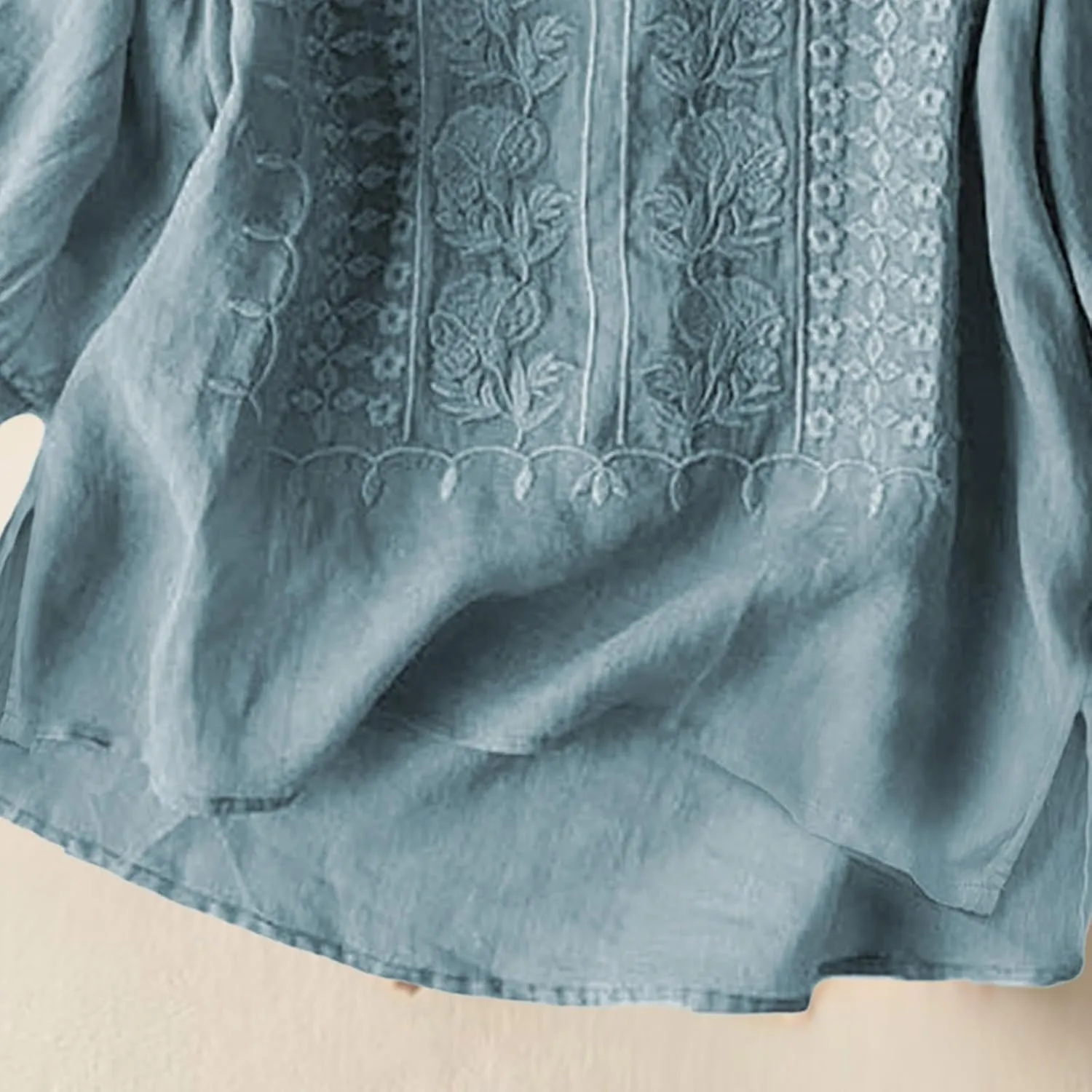 Women's 3/4 Sleeve Cotton Linen Jacquard Blouses Top T-Shirt 2025 Loose Fit Crew Neck Floral Embroidery Ruched Shirt