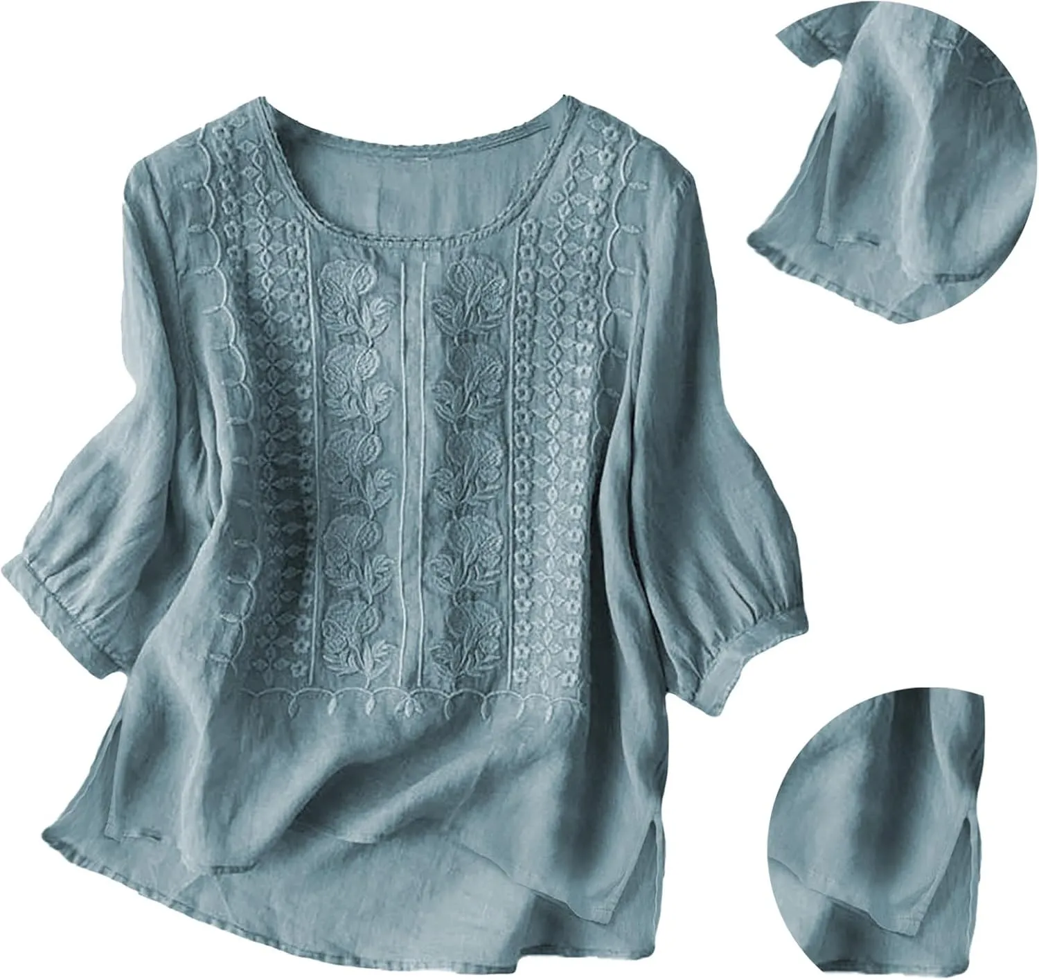 Women's 3/4 Sleeve Cotton Linen Jacquard Blouses Top T-Shirt 2025 Loose Fit Crew Neck Floral Embroidery Ruched Shirt