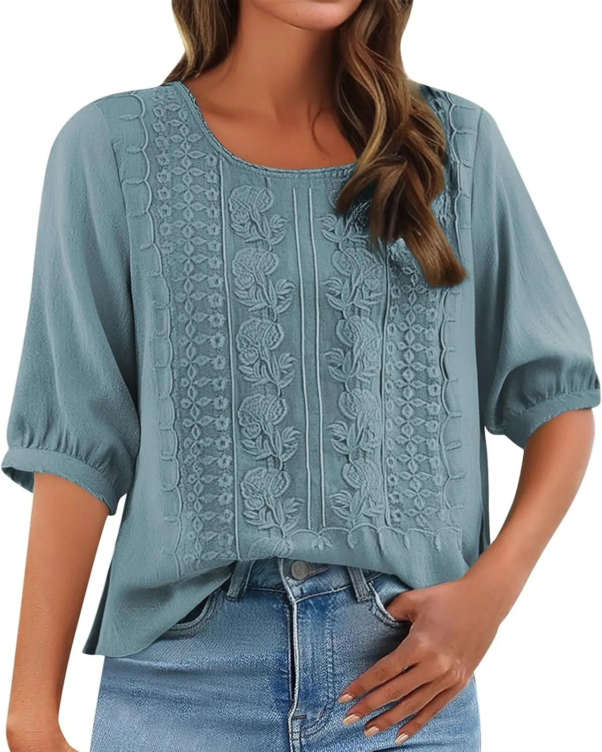 Women's 3/4 Sleeve Cotton Linen Jacquard Blouses Top T-Shirt 2025 Loose Fit Crew Neck Floral Embroidery Ruched Shirt