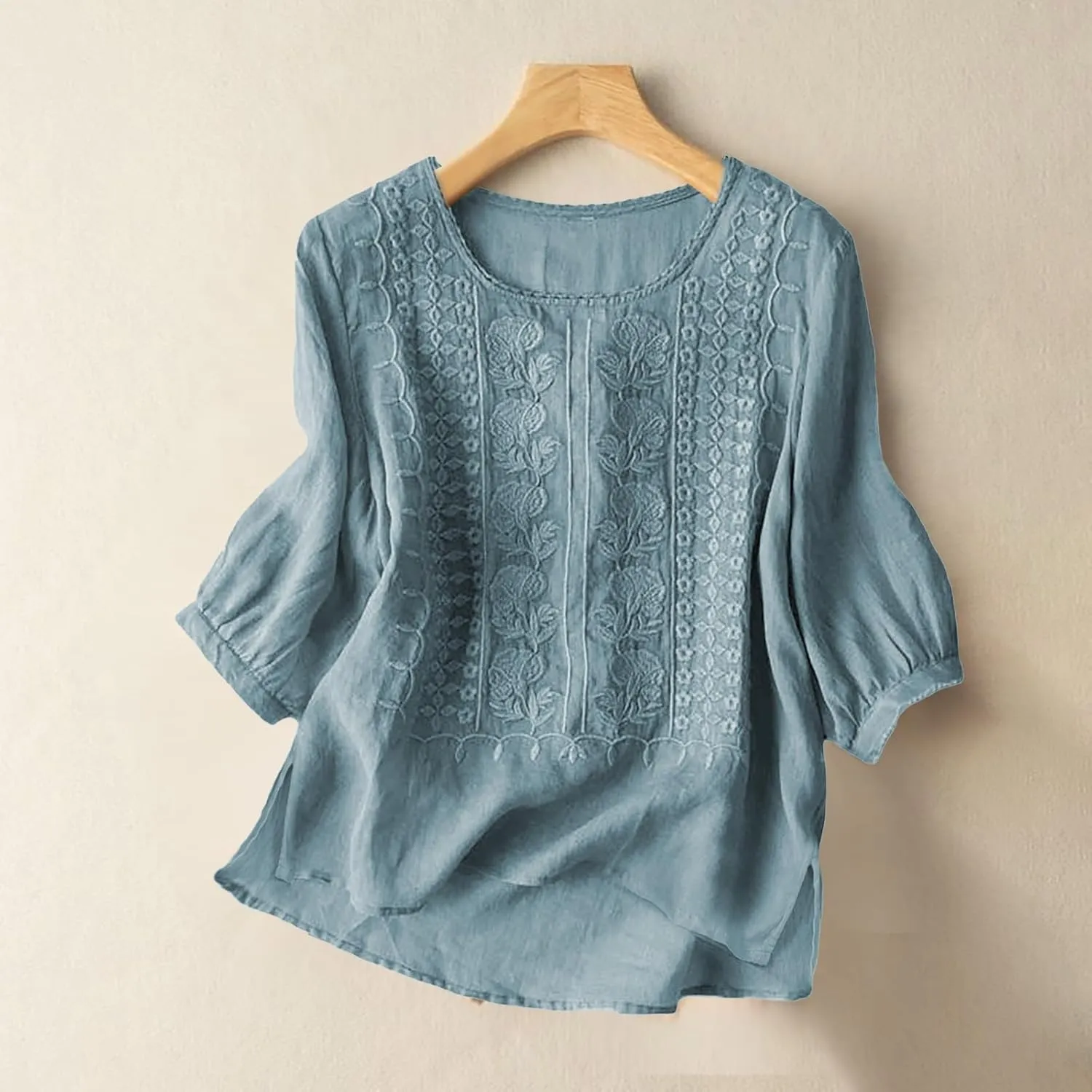 Women's 3/4 Sleeve Cotton Linen Jacquard Blouses Top T-Shirt 2025 Loose Fit Crew Neck Floral Embroidery Ruched Shirt