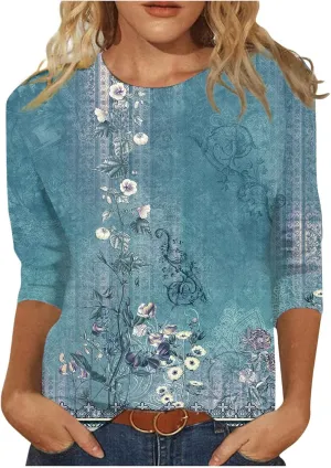 Womens 3/4 Sleeve Tops Womens Blouses Dressy Casual Loose Floral Print Pullover Tops Fall Fashion 2024