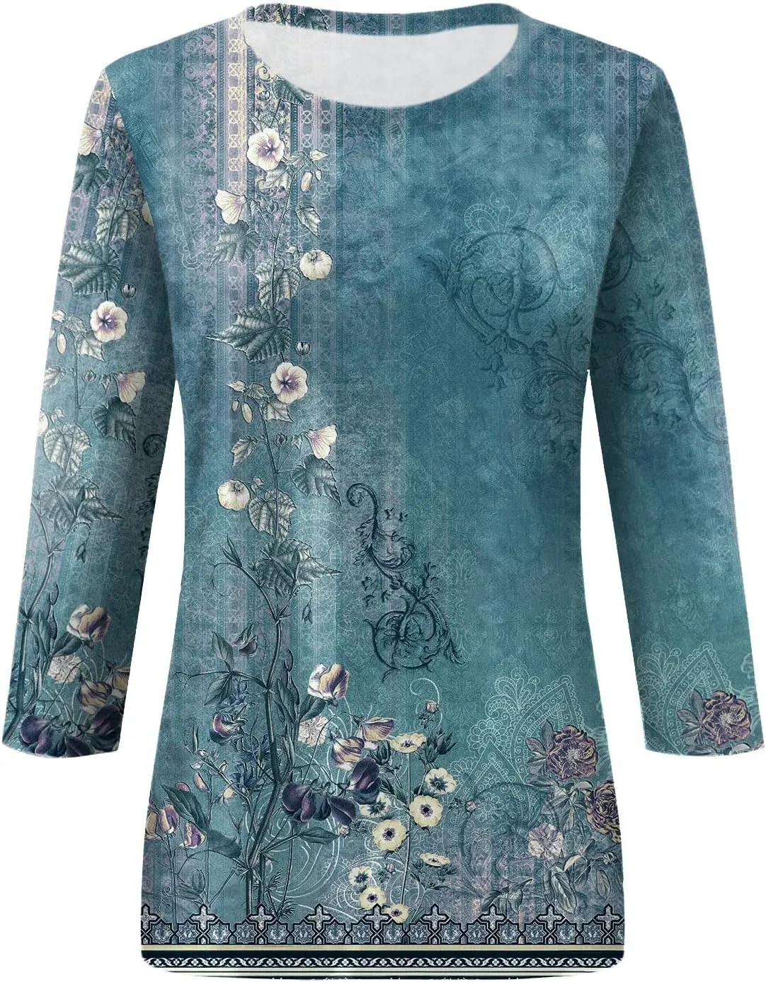 Womens 3/4 Sleeve Tops Womens Blouses Dressy Casual Loose Floral Print Pullover Tops Fall Fashion 2024