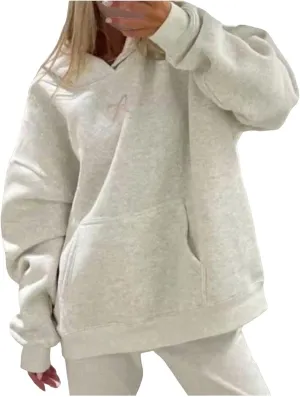 Womens Bow Hoodies Oversized Sweatshirts Fleece Long Sleeve Comfy Casual Lightweight Tunic Basic Pullover Tops with Pockets