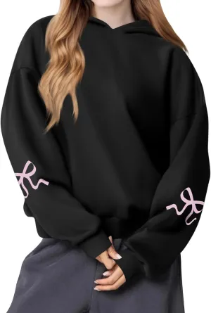 Women's Bow Print Hoodies 2025 Spring Trendy Long Sleeve Sweatshirts Cute Preppy Clothes Casual Graphic Pullover Tops