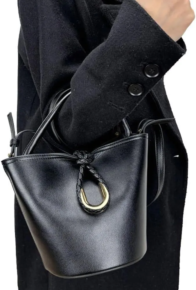 Women's Bucket Bag Retro Shoulder Bag Top Handle Handbags PU Leather Small Bucket Crossbody Bags Trendy Bucket Purse