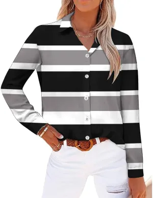 Womens Button Down Casual Shirts Color Block Striped Blouse Tops Long Sleeve Collar Shirt Dressy Work Outfits Clothing