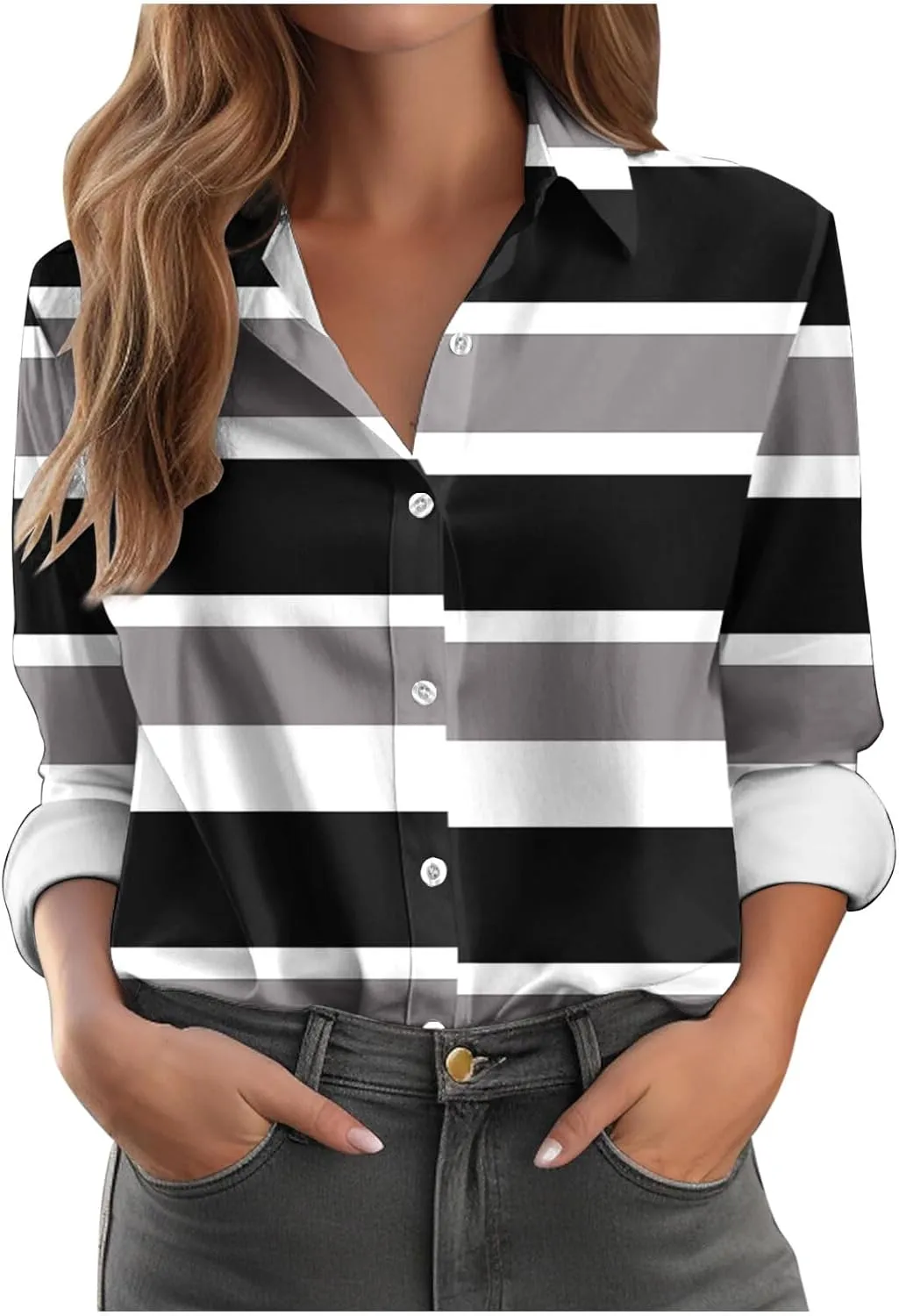Womens Button Down Casual Shirts Color Block Striped Blouse Tops Long Sleeve Collar Shirt Dressy Work Outfits Clothing