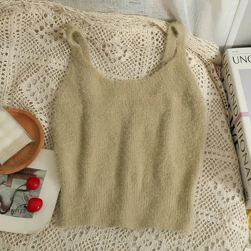 Women's Camisole Temperament Lint Knitted Tank Tops Solid Color U Neck