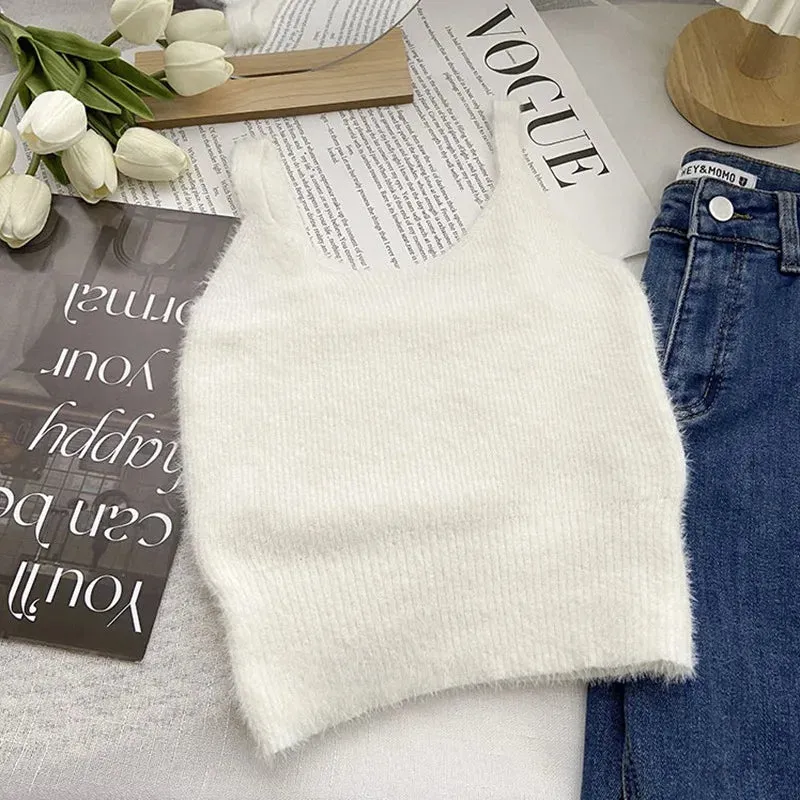 Women's Camisole Temperament Lint Knitted Tank Tops Solid Color U Neck