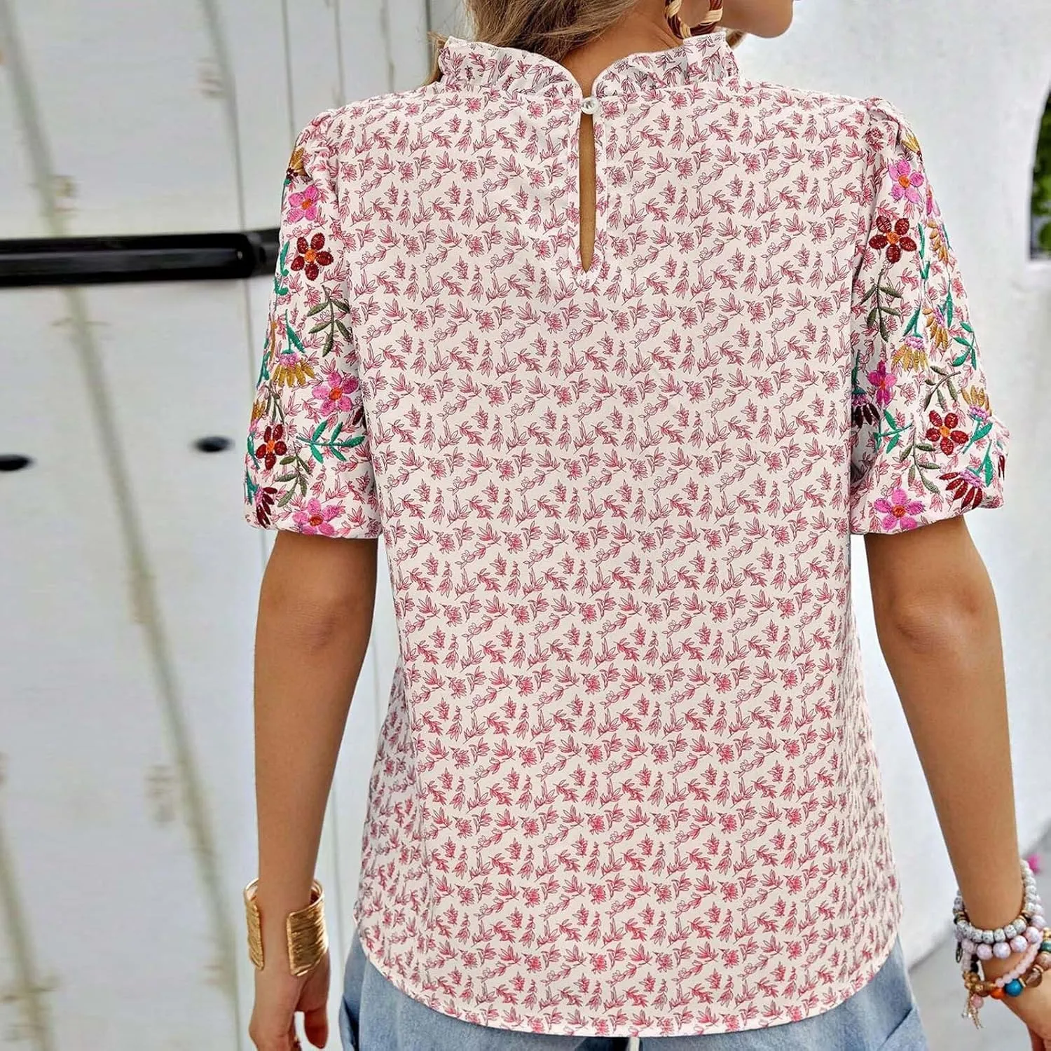 Women's Casual Boho Floral Printed Mock Neck Tops Short Sleeve T Shirt Blouses 2024 Fashion Summer Loose Tunic Top