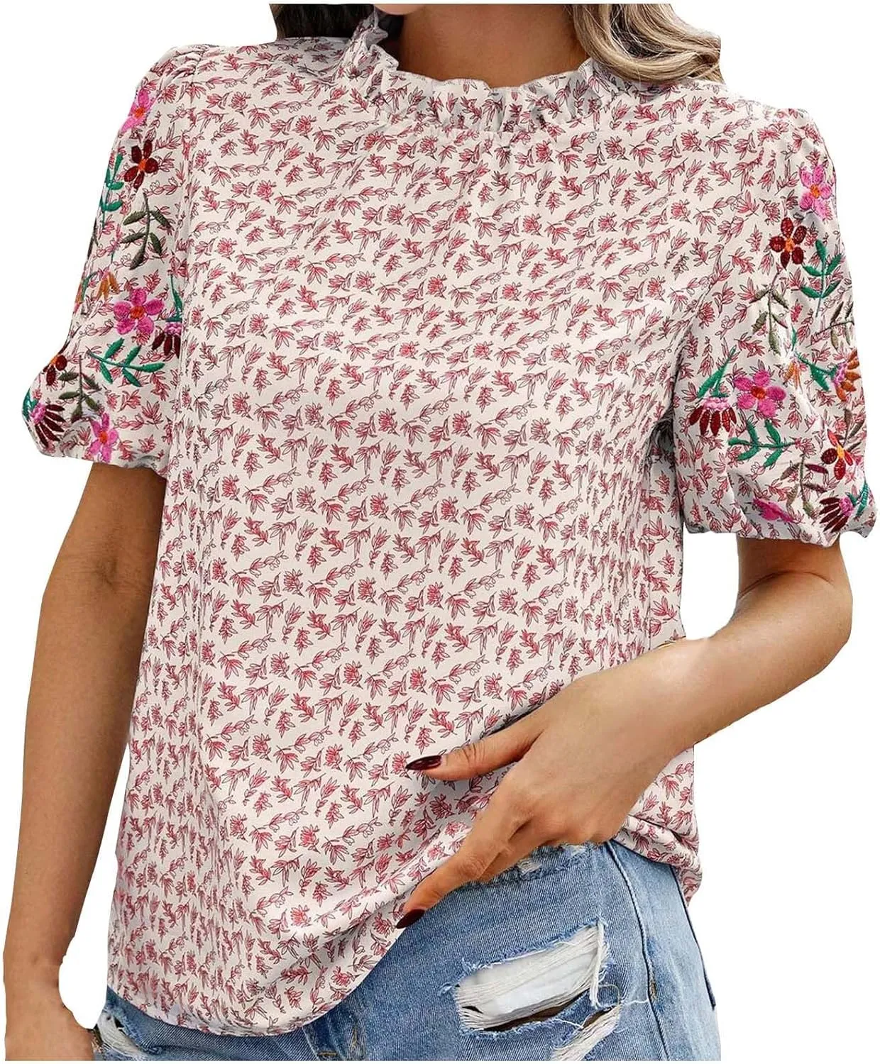 Women's Casual Boho Floral Printed Mock Neck Tops Short Sleeve T Shirt Blouses 2024 Fashion Summer Loose Tunic Top