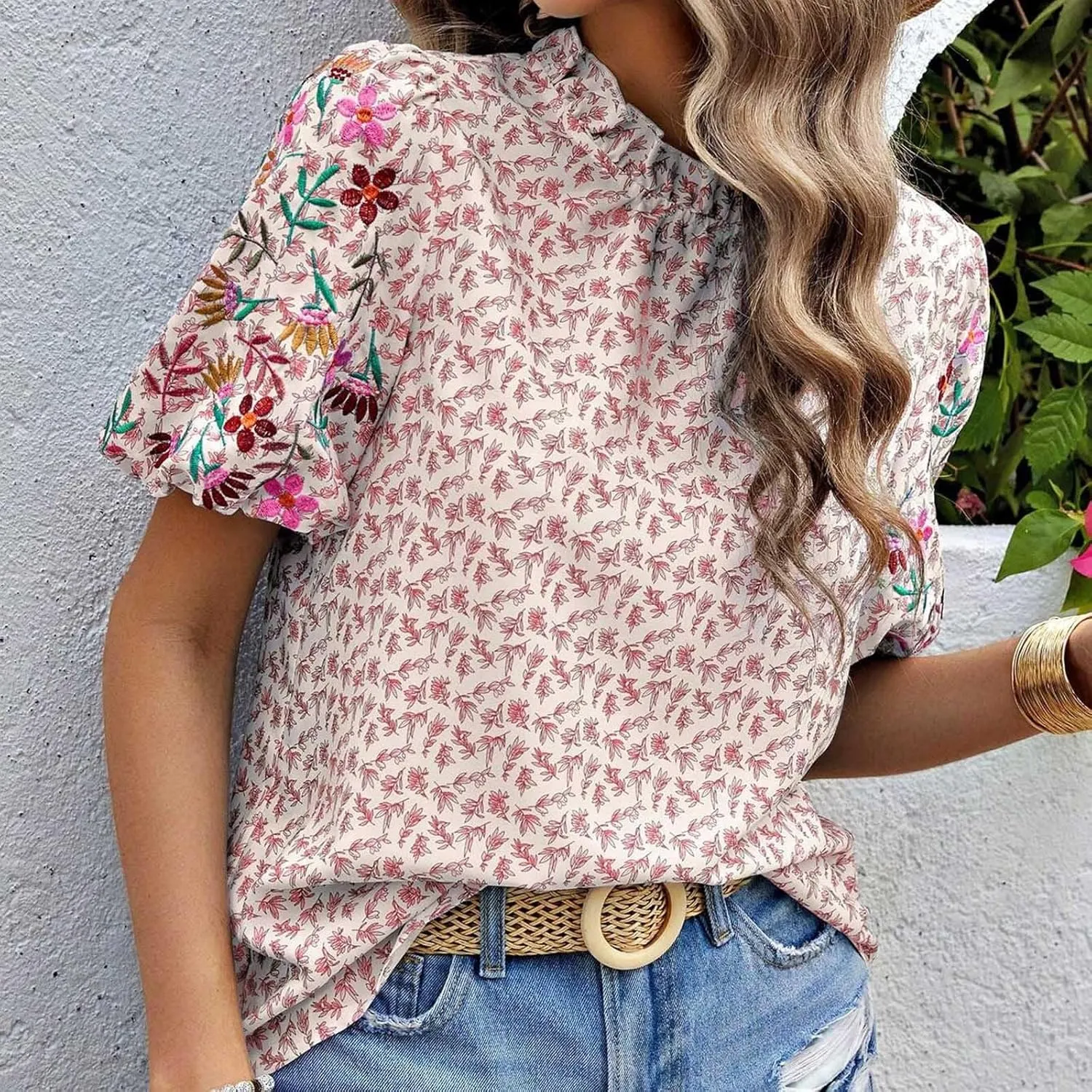 Women's Casual Boho Floral Printed Mock Neck Tops Short Sleeve T Shirt Blouses 2024 Fashion Summer Loose Tunic Top