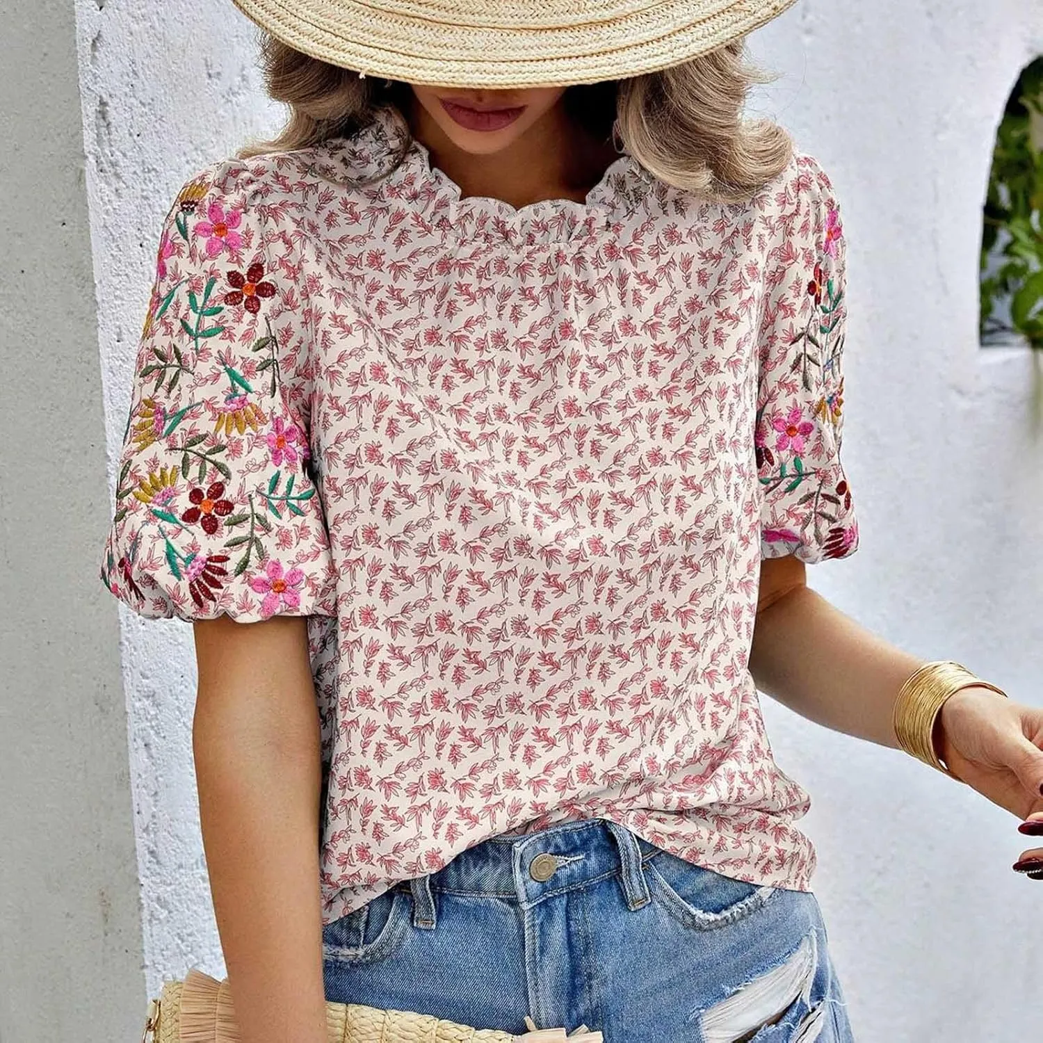 Women's Casual Boho Floral Printed Mock Neck Tops Short Sleeve T Shirt Blouses 2024 Fashion Summer Loose Tunic Top