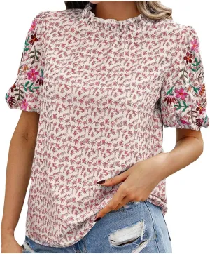 Women's Casual Boho Floral Printed Mock Neck Tops Short Sleeve T Shirt Blouses 2024 Fashion Summer Loose Tunic Top