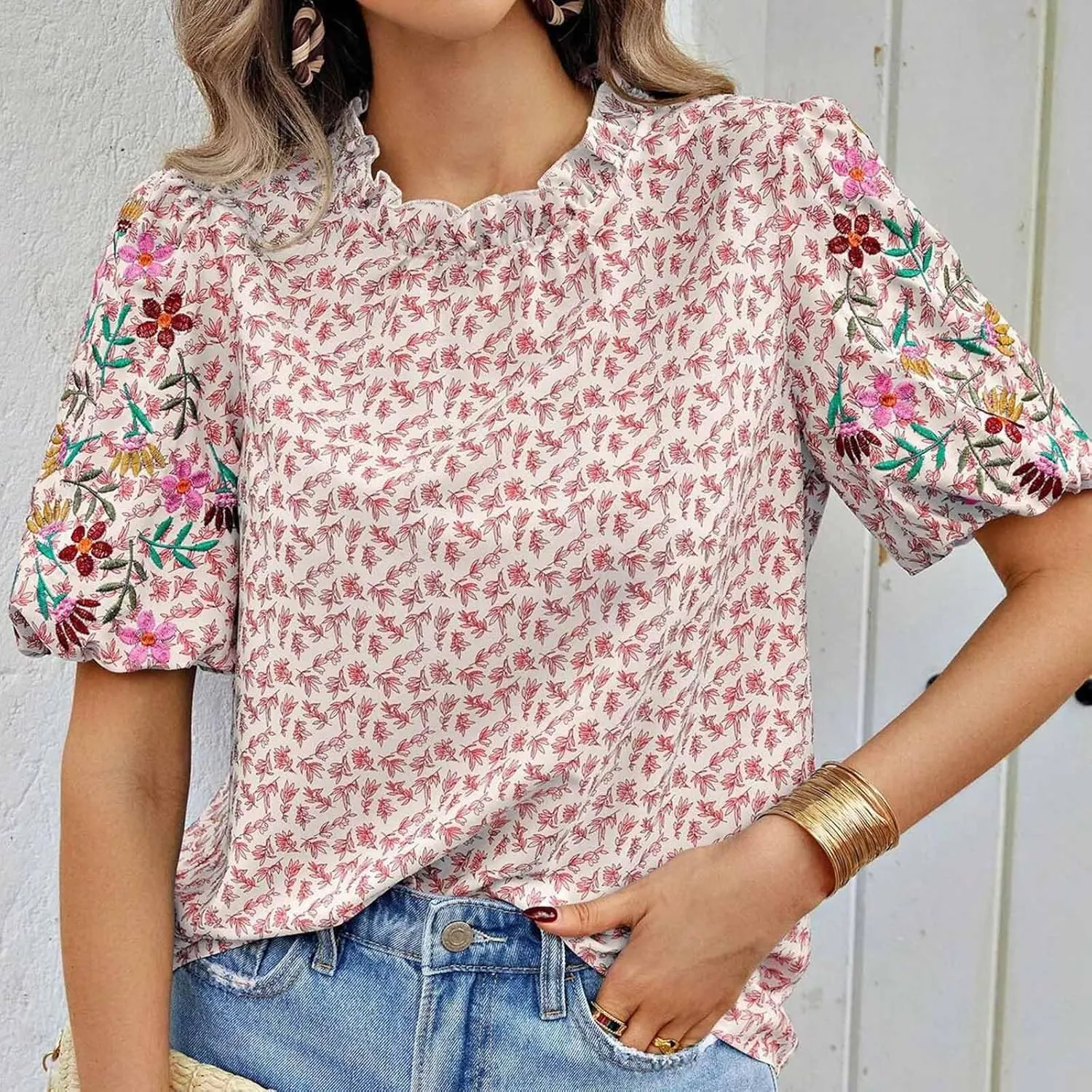 Women's Casual Boho Floral Printed Mock Neck Tops Short Sleeve T Shirt Blouses 2024 Fashion Summer Loose Tunic Top
