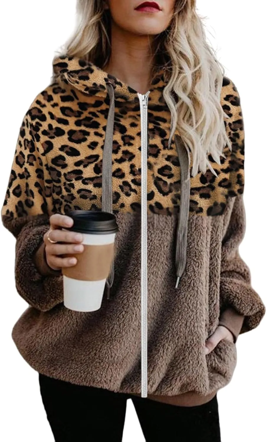 Women's Casual Fuzzy Hoodies Faux Fleece Zip Up Leopard Jackets Drawstring Hooded Sherpa Sweatshirt Fall Trendy Outwear