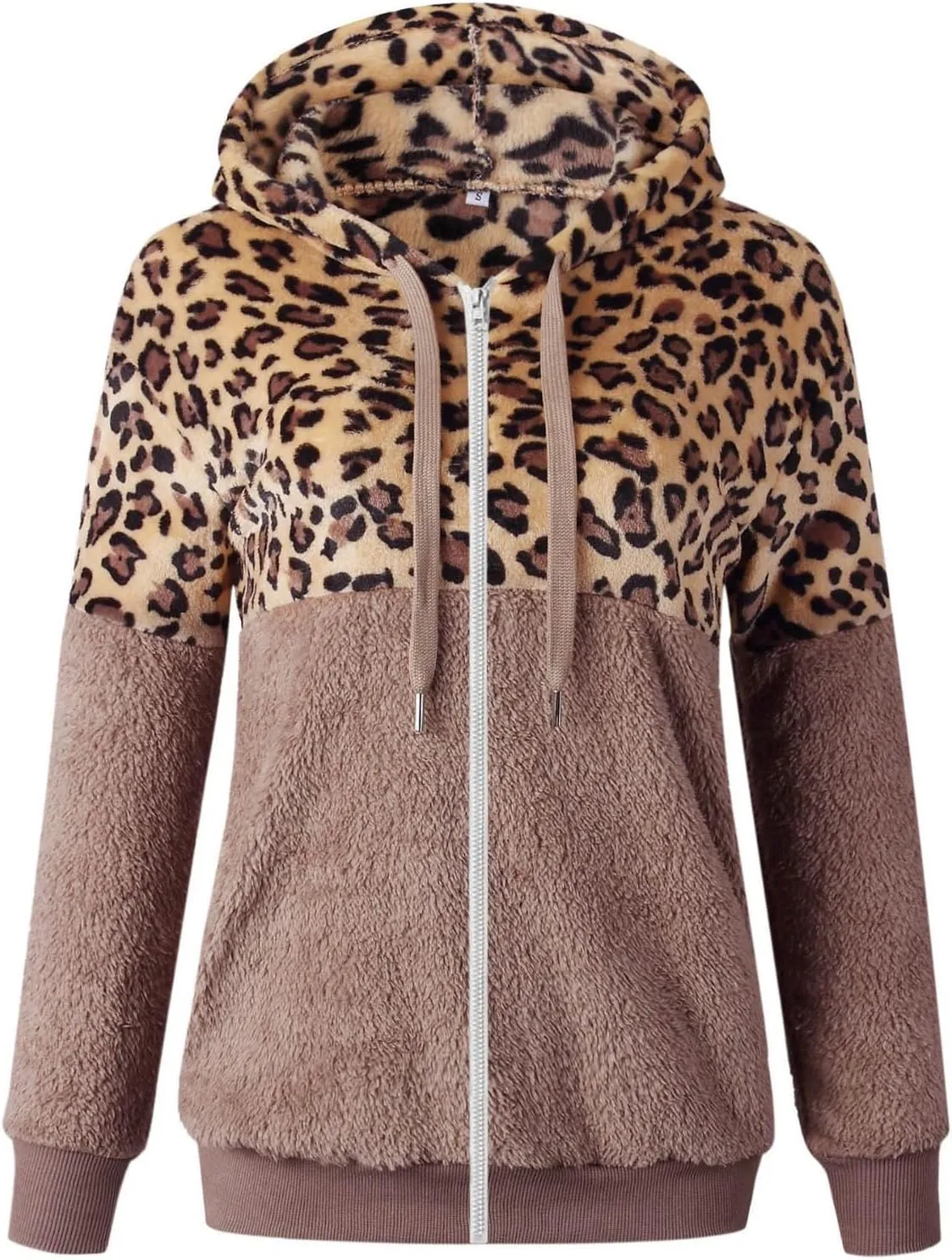 Women's Casual Fuzzy Hoodies Faux Fleece Zip Up Leopard Jackets Drawstring Hooded Sherpa Sweatshirt Fall Trendy Outwear