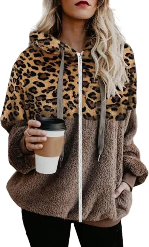 Women's Casual Fuzzy Hoodies Faux Fleece Zip Up Leopard Jackets Drawstring Hooded Sherpa Sweatshirt Fall Trendy Outwear