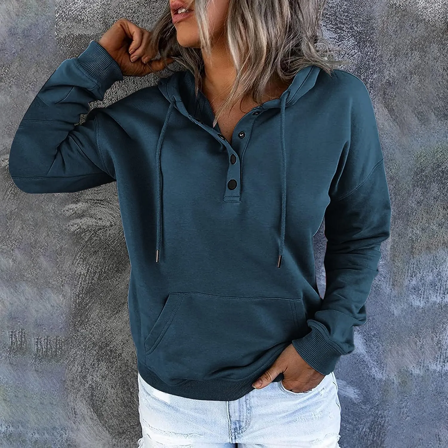 Womens Casual Hoodies Pullover Tops 2022 Fall Clothes Drawstring Long Sleeve Sweatshirts with Pocket