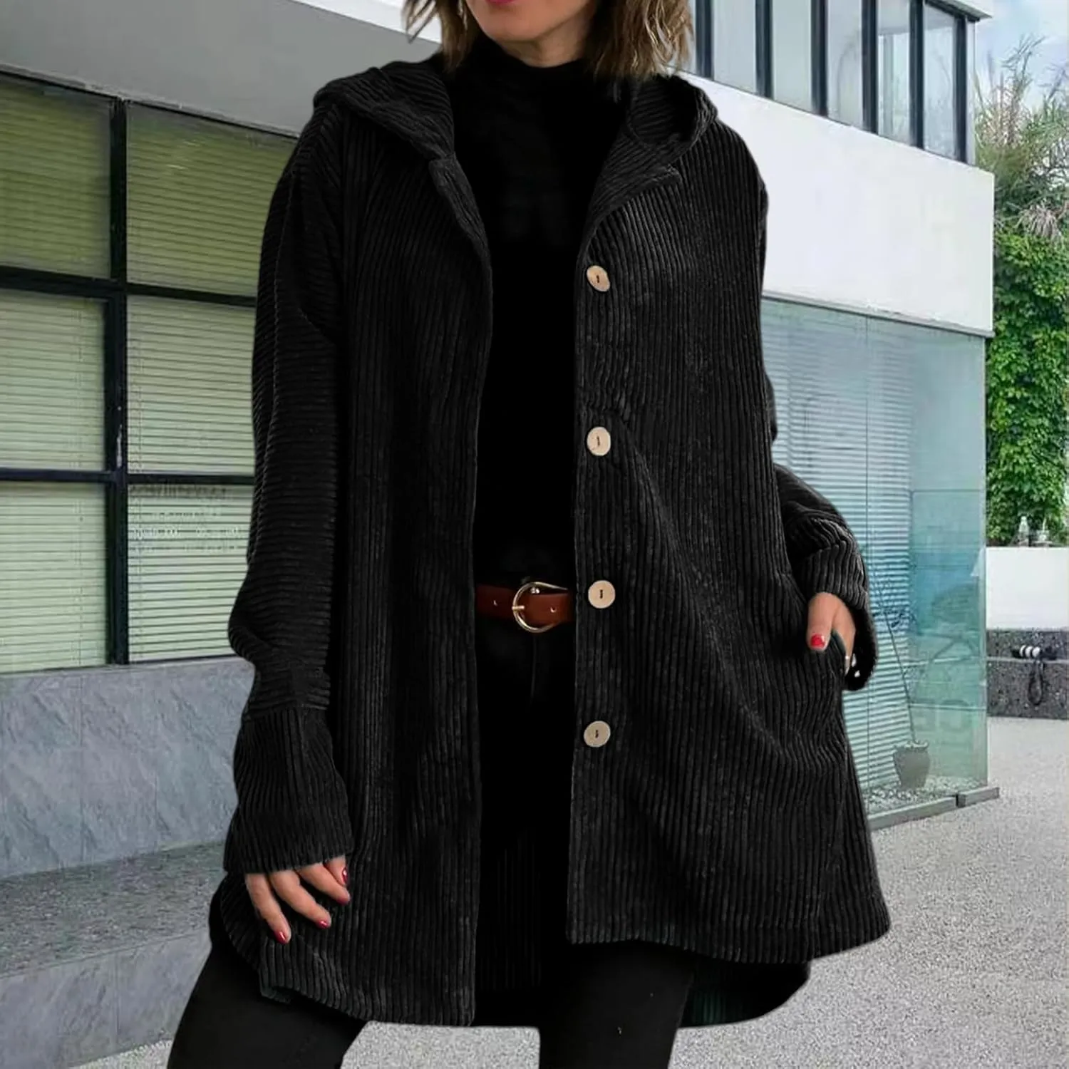 Womens Corduroy Jacket with Hood Oversized Button Down Long Sleeve Hoodie Waffle Knit Shacket