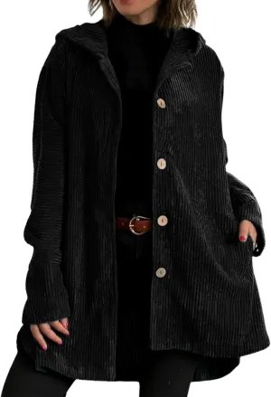 Womens Corduroy Jacket with Hood Oversized Button Down Long Sleeve Hoodie Waffle Knit Shacket