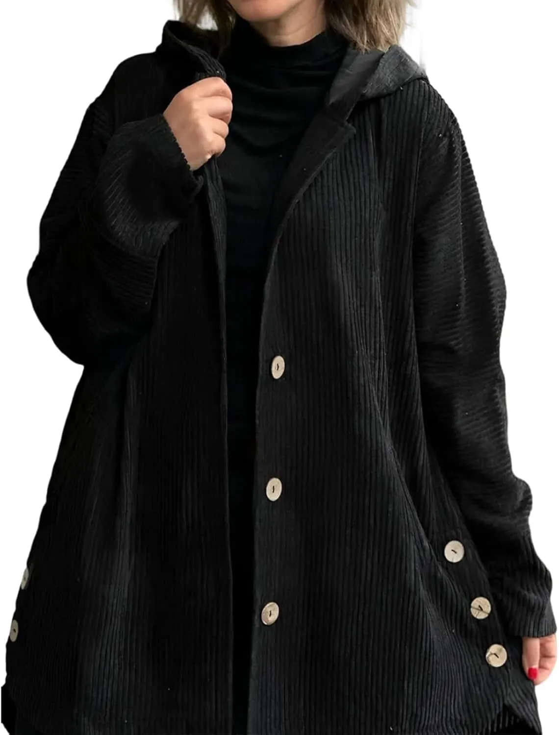 Womens Corduroy Jacket with Hood Oversized Button Down Long Sleeve Hoodie Waffle Knit Shacket