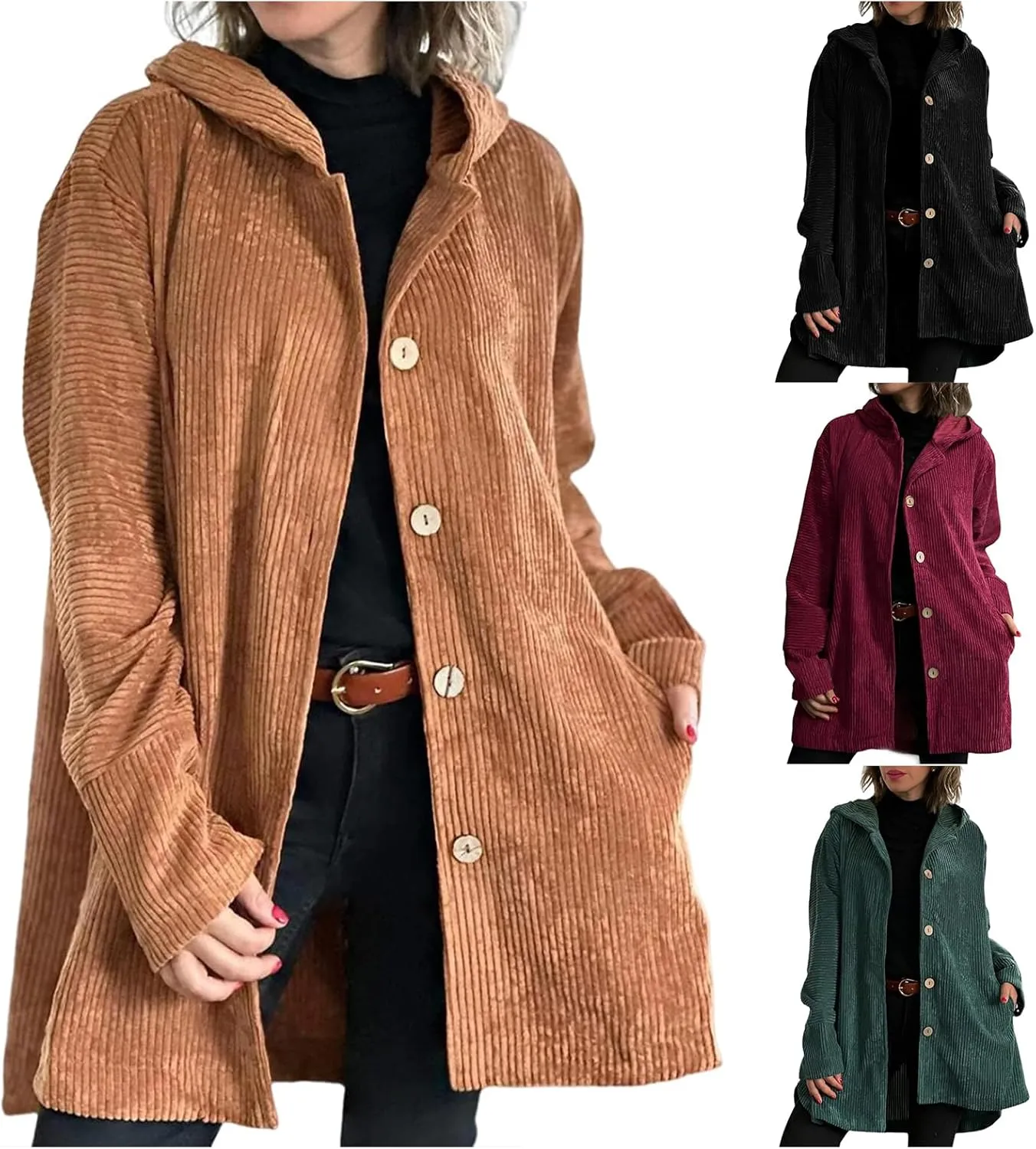 Womens Corduroy Jacket with Hood Oversized Button Down Long Sleeve Hoodie Waffle Knit Shacket