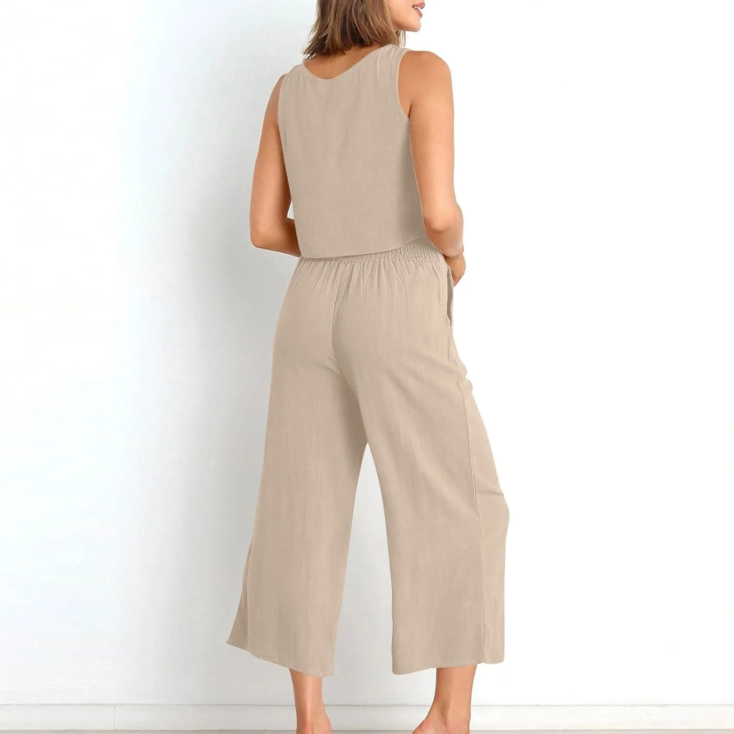 Womens Cotton Linen 2 Piece Outfits Sleeveless Crop Tank Tops Wide Leg Pants Set Casual Beach Travel Sets