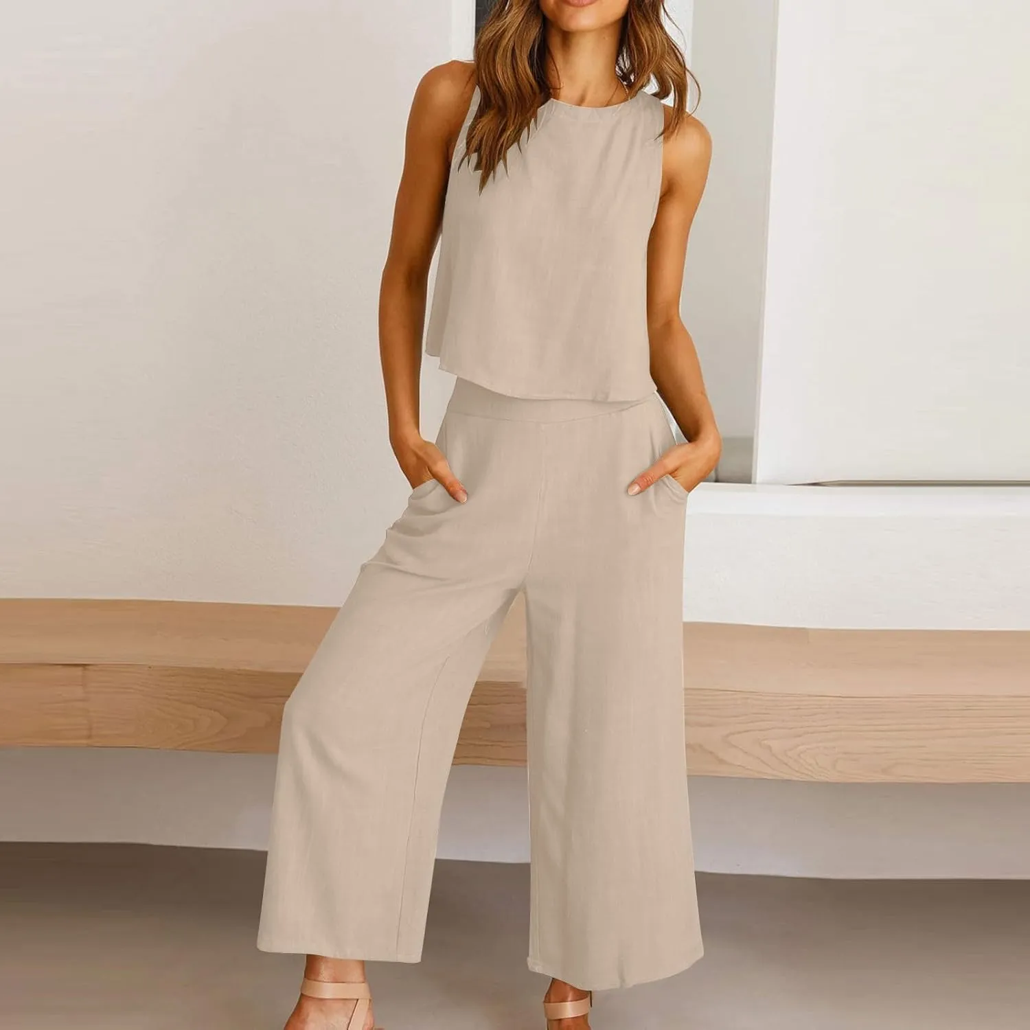 Womens Cotton Linen 2 Piece Outfits Sleeveless Crop Tank Tops Wide Leg Pants Set Casual Beach Travel Sets