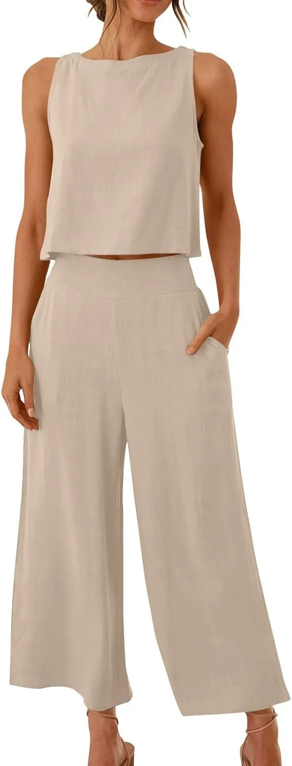 Womens Cotton Linen 2 Piece Outfits Sleeveless Crop Tank Tops Wide Leg Pants Set Casual Beach Travel Sets