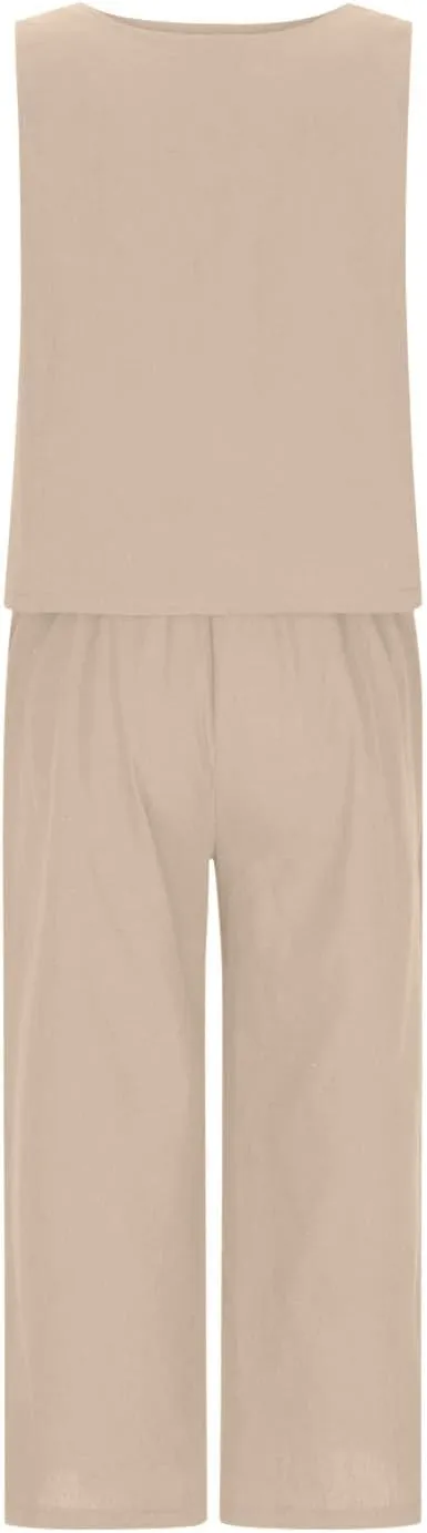 Womens Cotton Linen 2 Piece Outfits Sleeveless Crop Tank Tops Wide Leg Pants Set Casual Beach Travel Sets