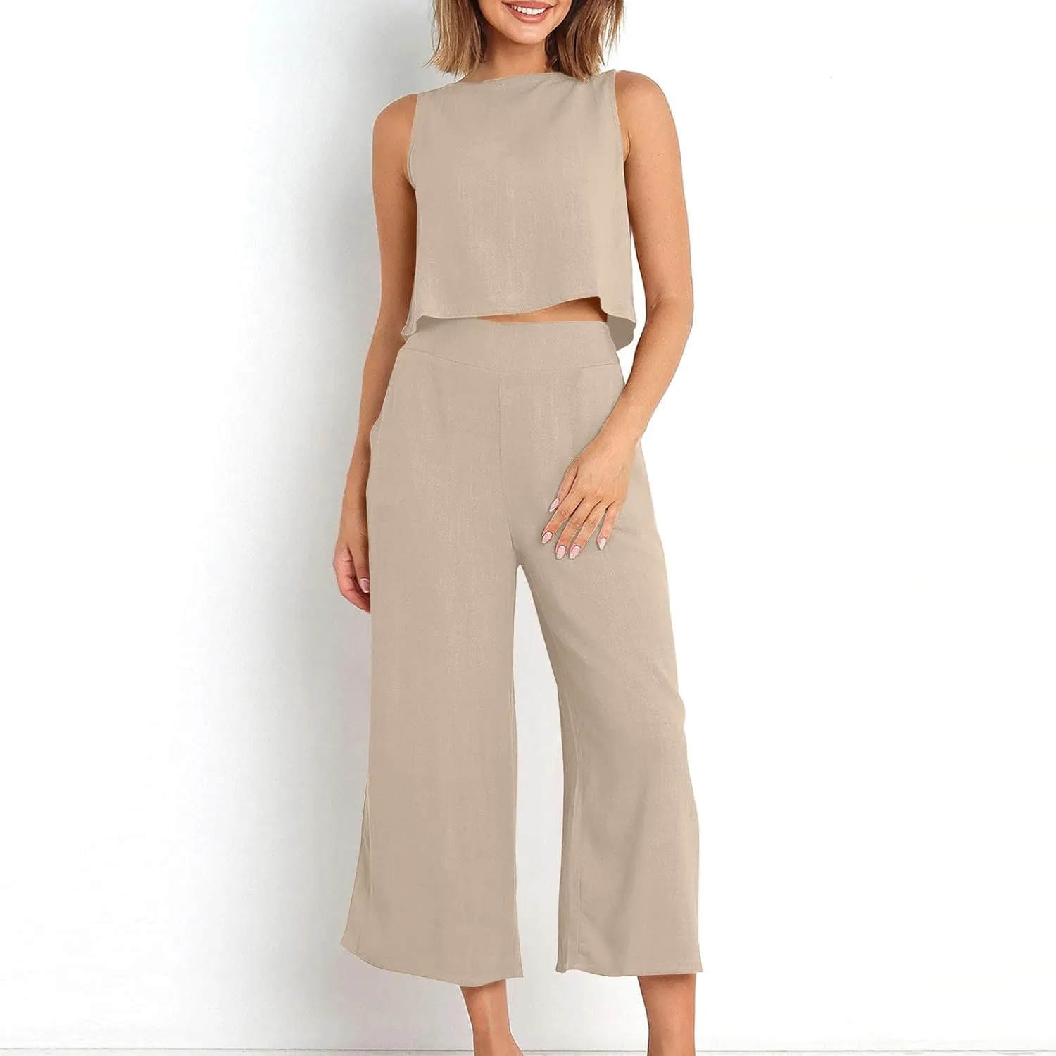 Womens Cotton Linen 2 Piece Outfits Sleeveless Crop Tank Tops Wide Leg Pants Set Casual Beach Travel Sets