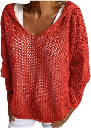 Womens Crochet Hoodie Sweater Top Loose Hooded Long Sleeve Shirt Spring Summer Beach Cover Up Hollow Knit Bathing Suit