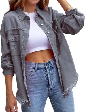 Womens Denim Jacket Oversized Button Up Frayed Hem Shacket Jean Coat Distressed Shirts Long Sleeve Trucker Coats Tops