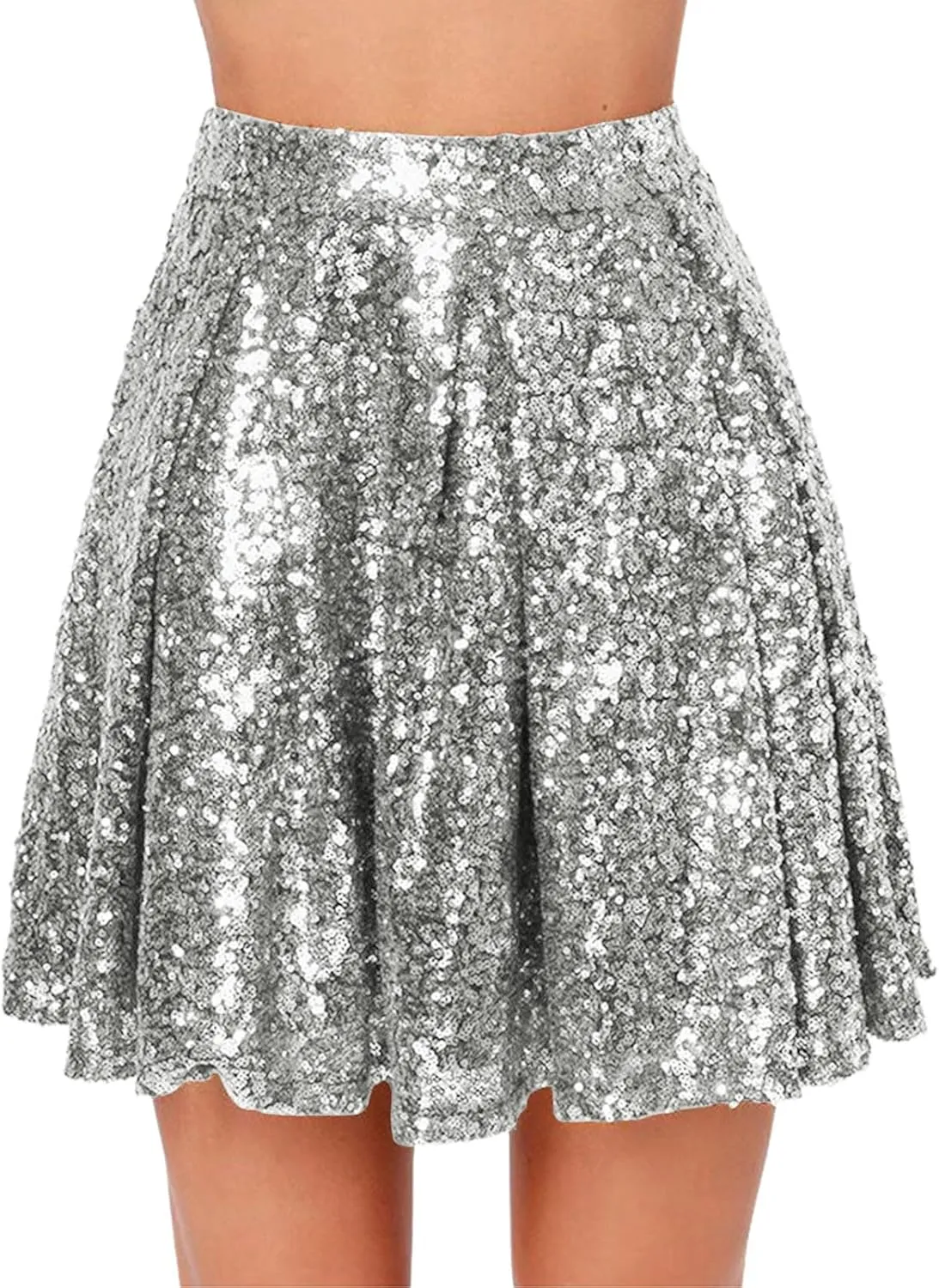 Women's Fashion High Waist Pleated Solid Color Short Skirt Loose Sequin Skirt Tutu