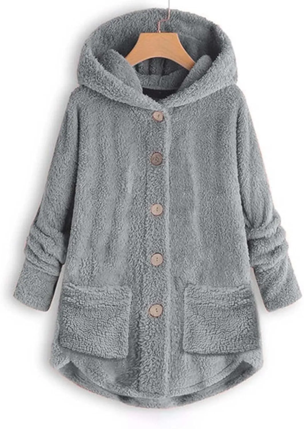 Women's Fashion Winter Coat Long Sleeve Hooded Button Faux Shearling Shaggy Oversized Shacket Jacket