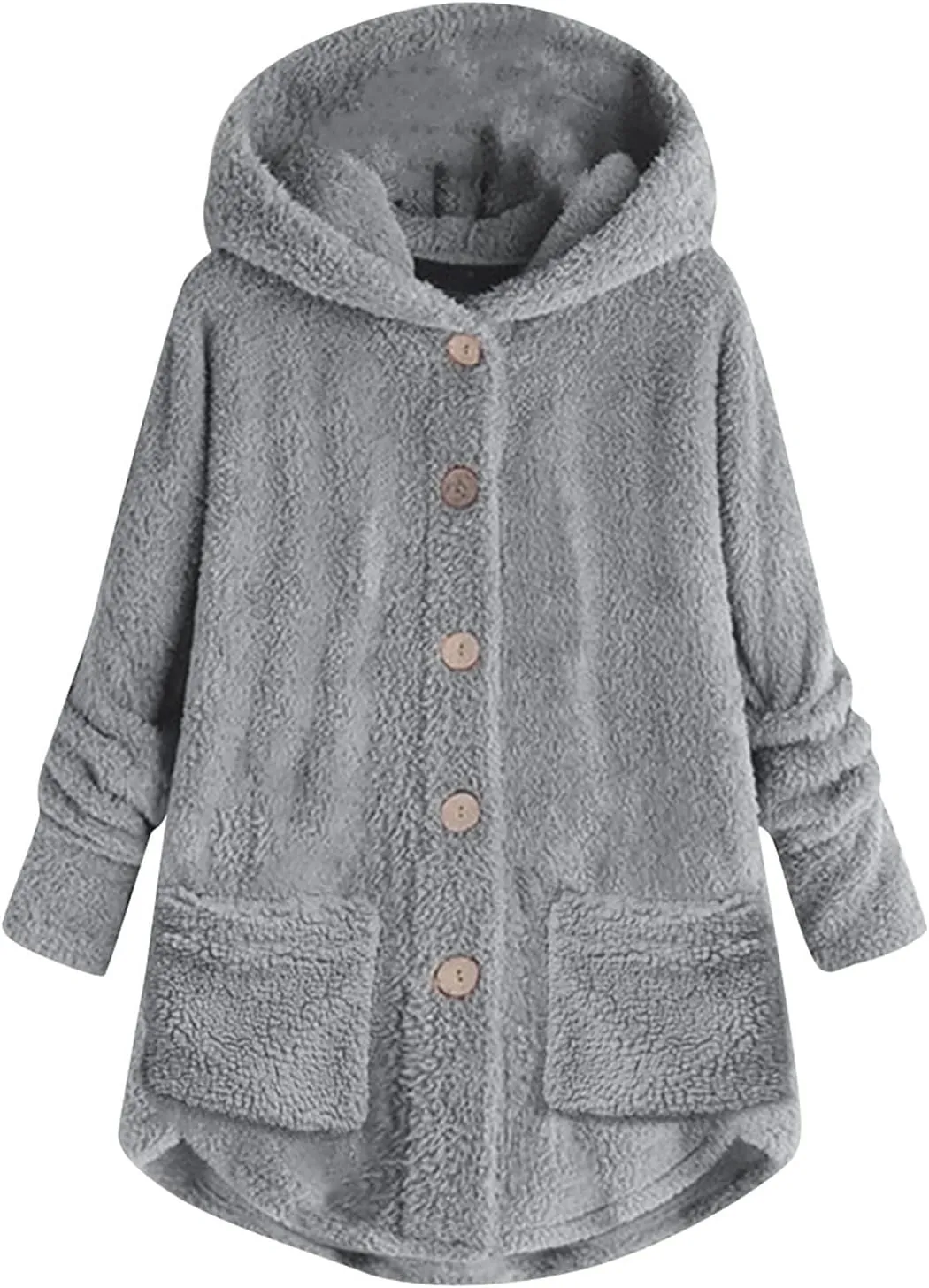Women's Fashion Winter Coat Long Sleeve Hooded Button Faux Shearling Shaggy Oversized Shacket Jacket