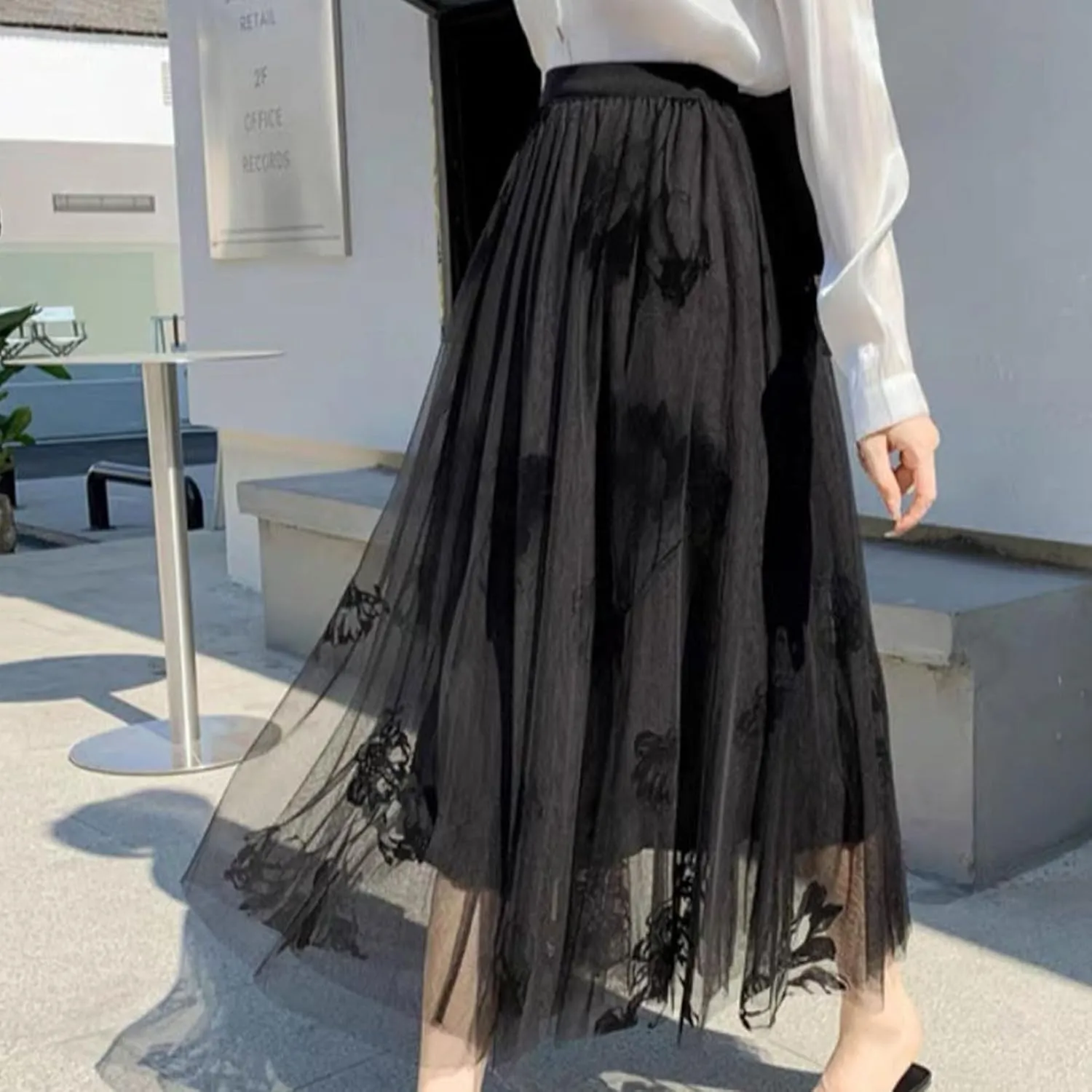 Womens Floral Embroidered Tulle Skirts Mesh Layered Tutu Skirt Midi Length Elastic High Waist Flowy A Line Skirt