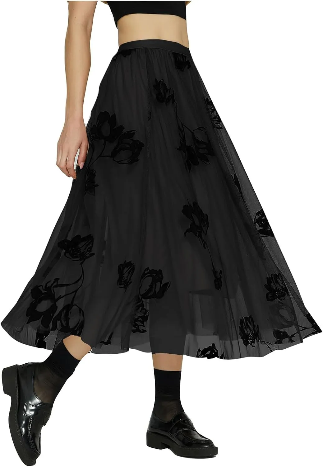 Womens Floral Embroidered Tulle Skirts Mesh Layered Tutu Skirt Midi Length Elastic High Waist Flowy A Line Skirt
